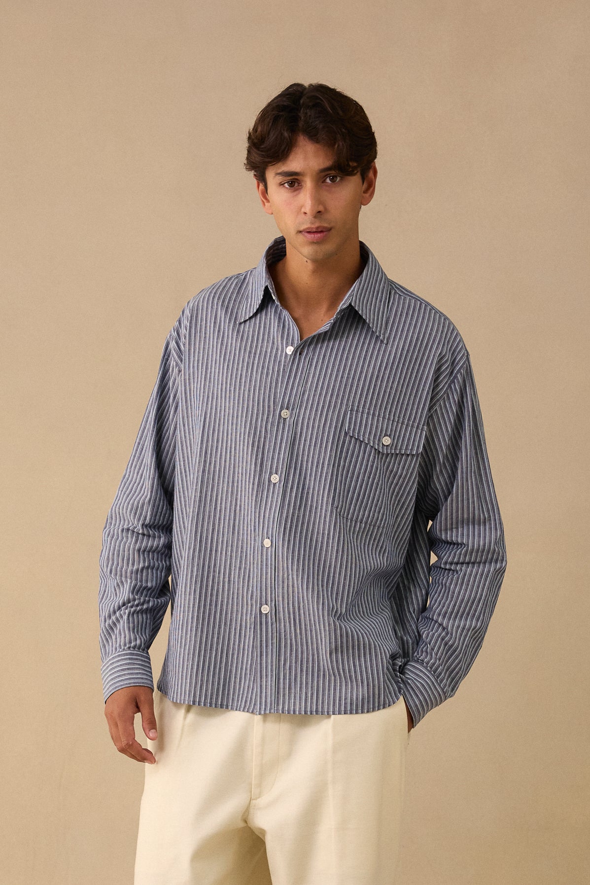 L/S Shirt in Navy Double Stripe Cotton.