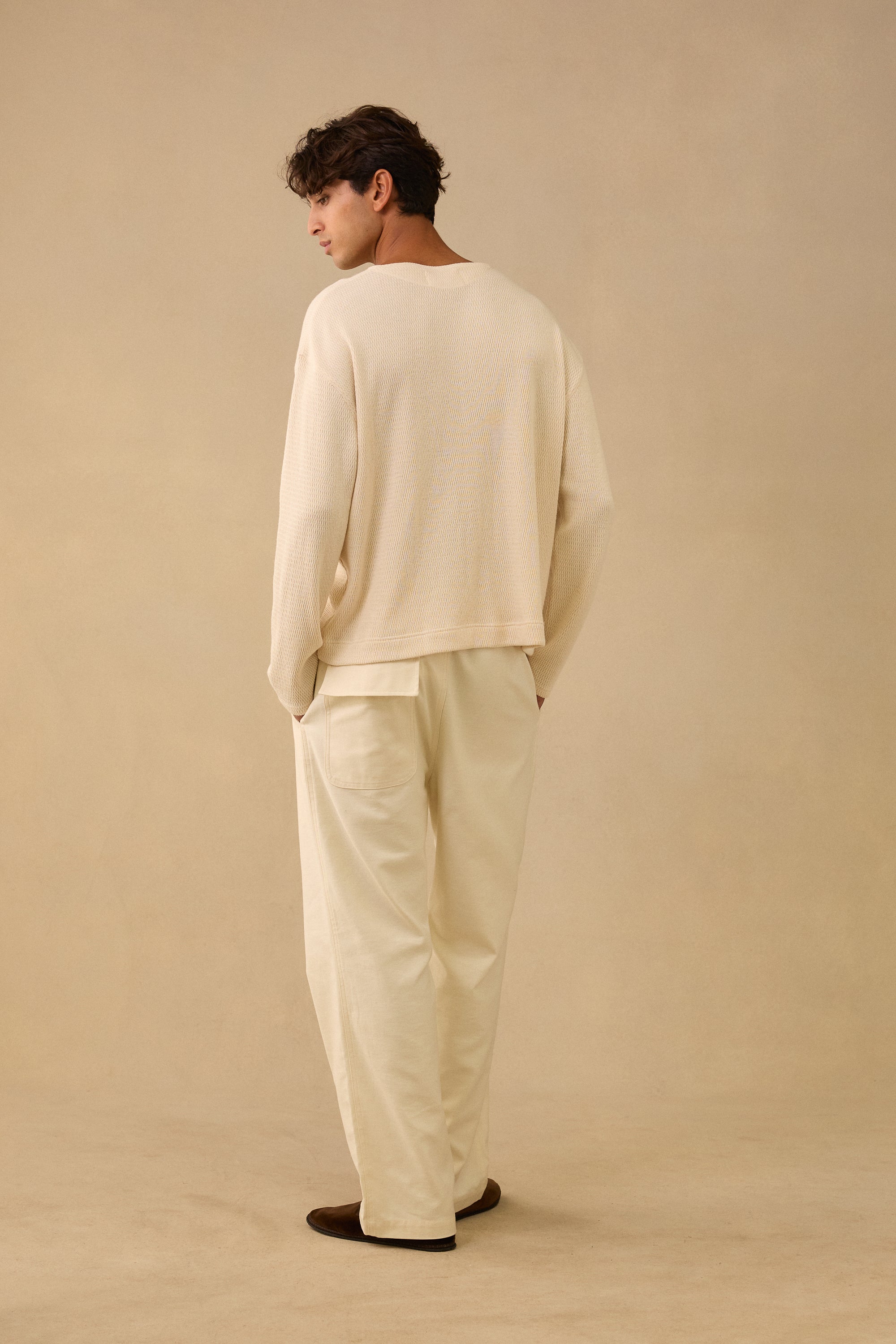 L/S Creme Cotton Waffle T-Shirt.