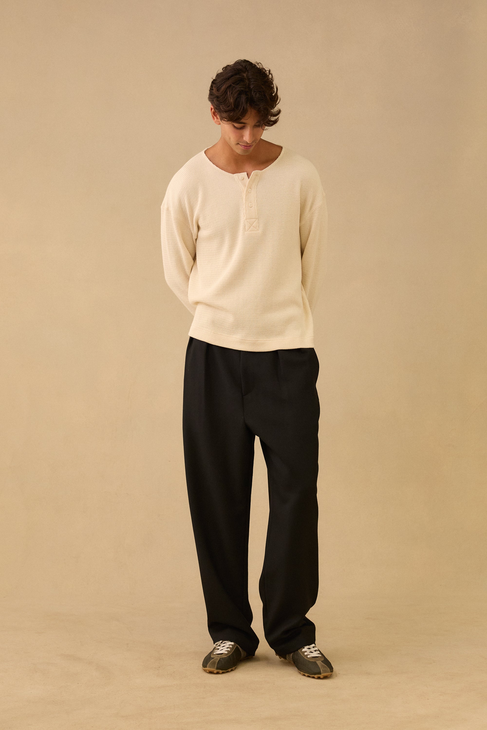 L/S Creme Cotton Waffle T-Shirt.
