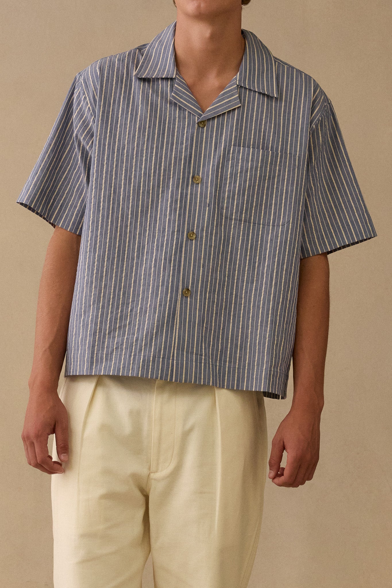 S/S Shirt in Navy Double Stripe Cotton
