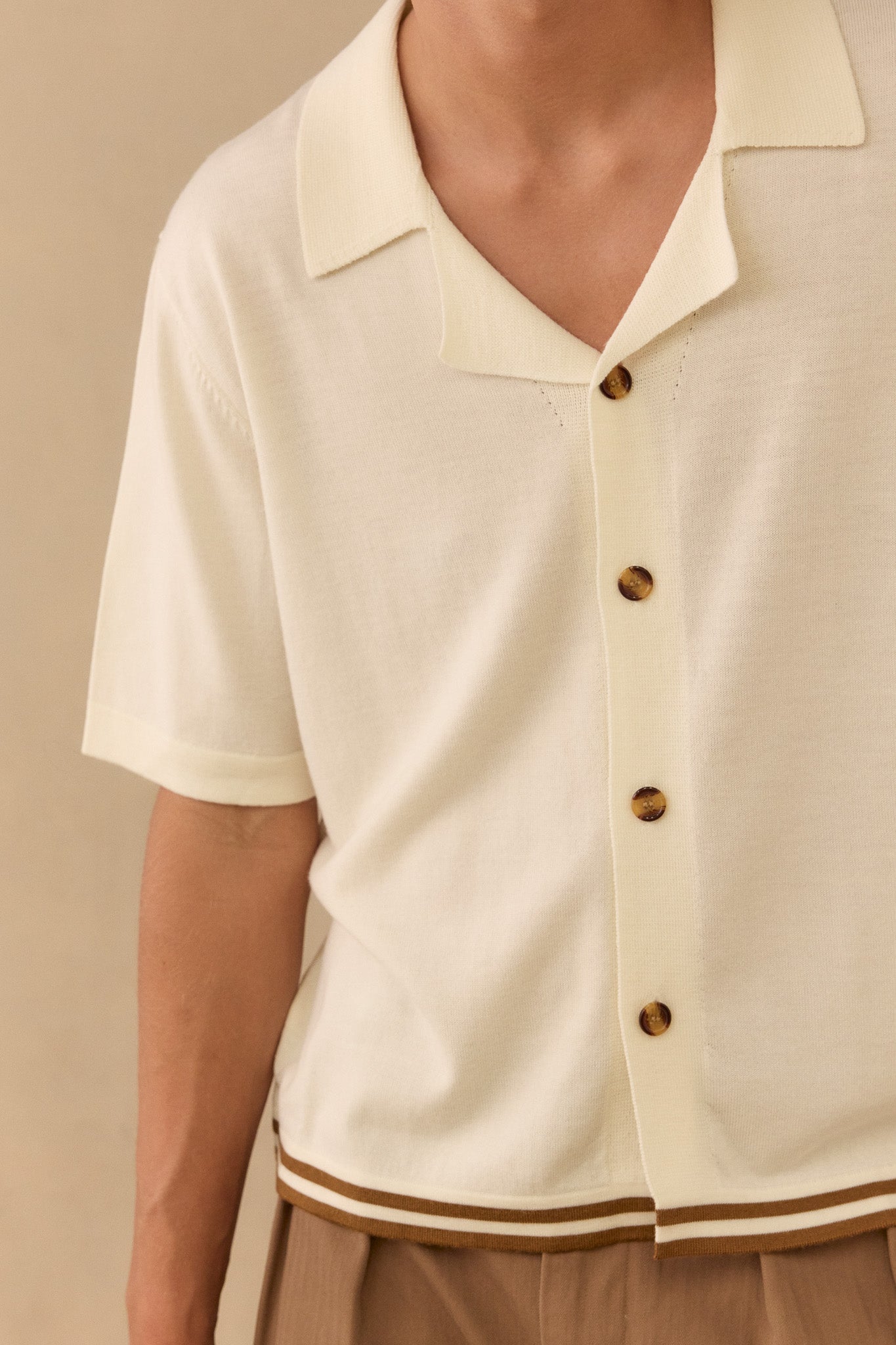 S/S Shirt in Cream & Tobacco Merino Wool