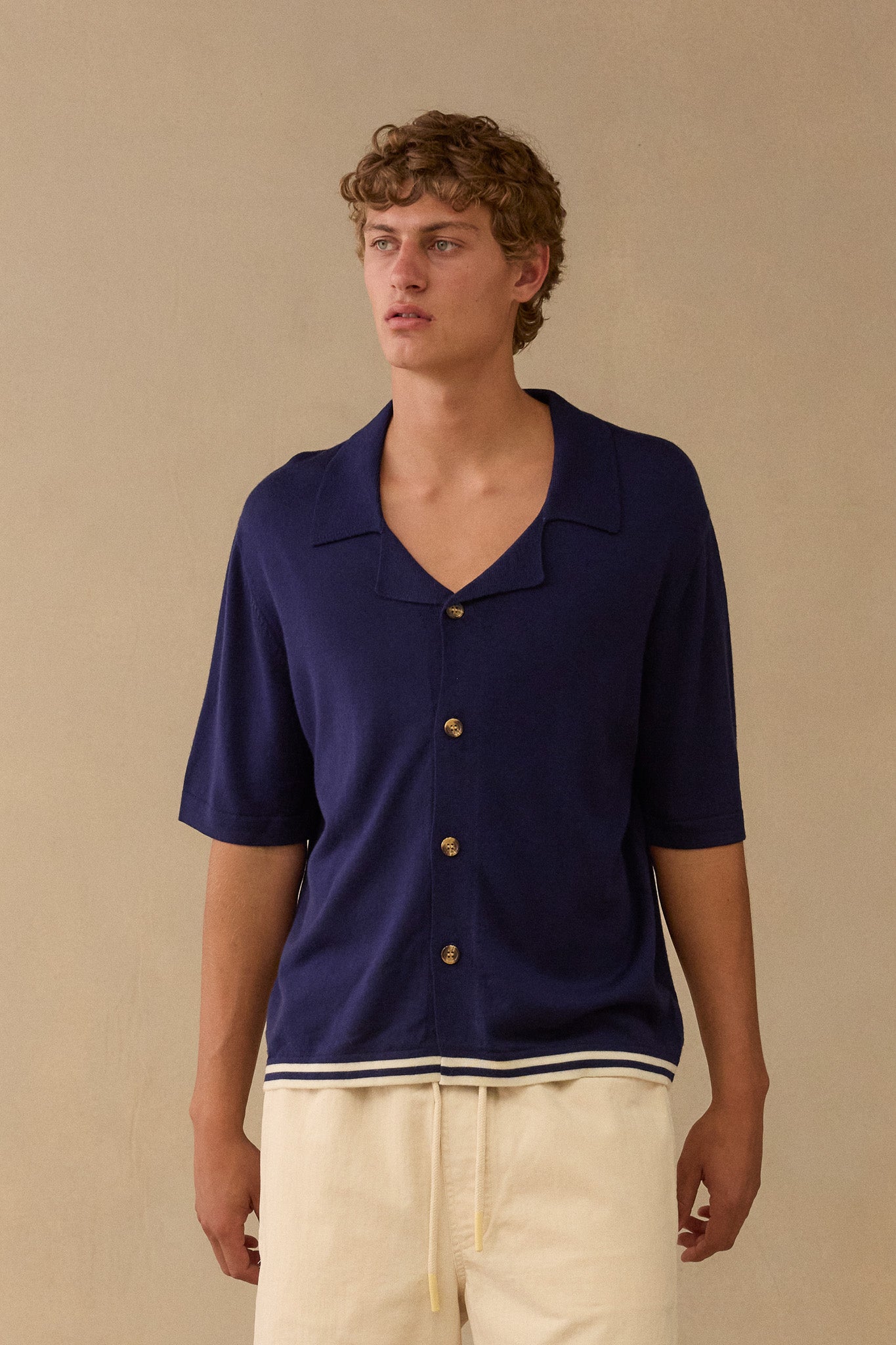 S/S Shirt in Navy & Cream Merino Wool