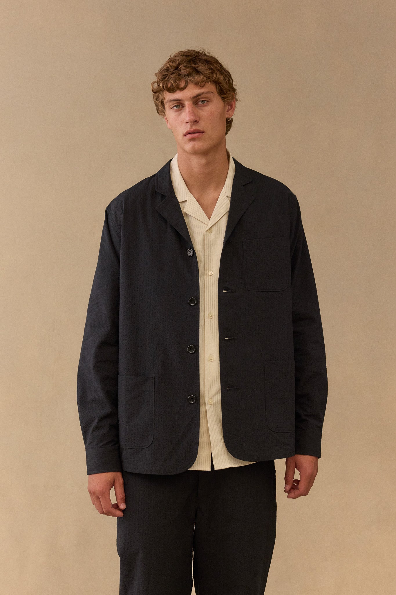 Deconstructed Suit Jacket in Black Seersucker | CHARLTON
