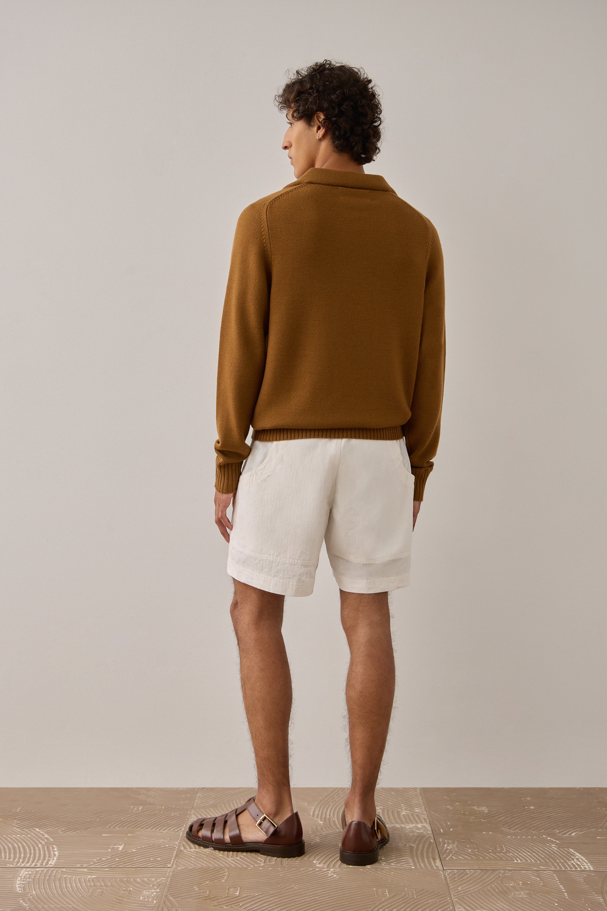 L/S Polo in Tobacco Merino Wool