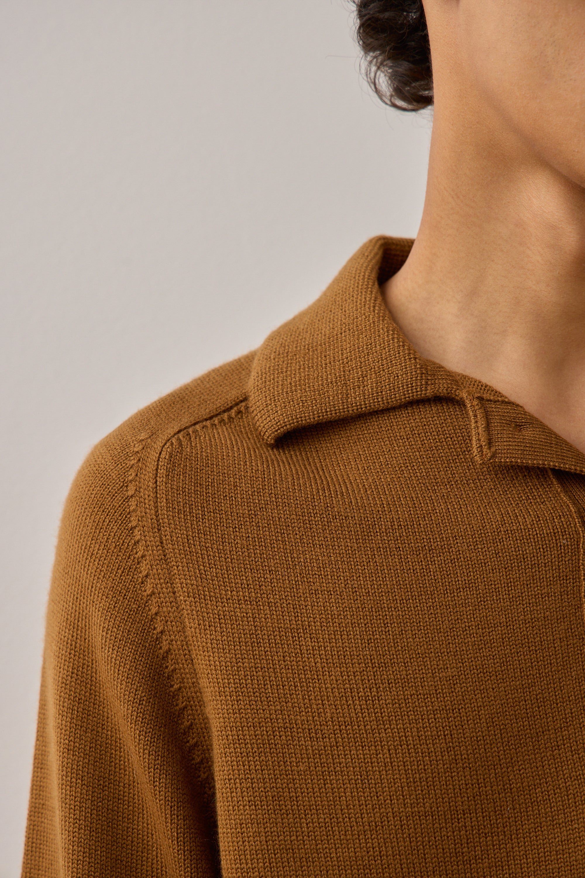 L/S Polo in Tobacco Merino Wool
