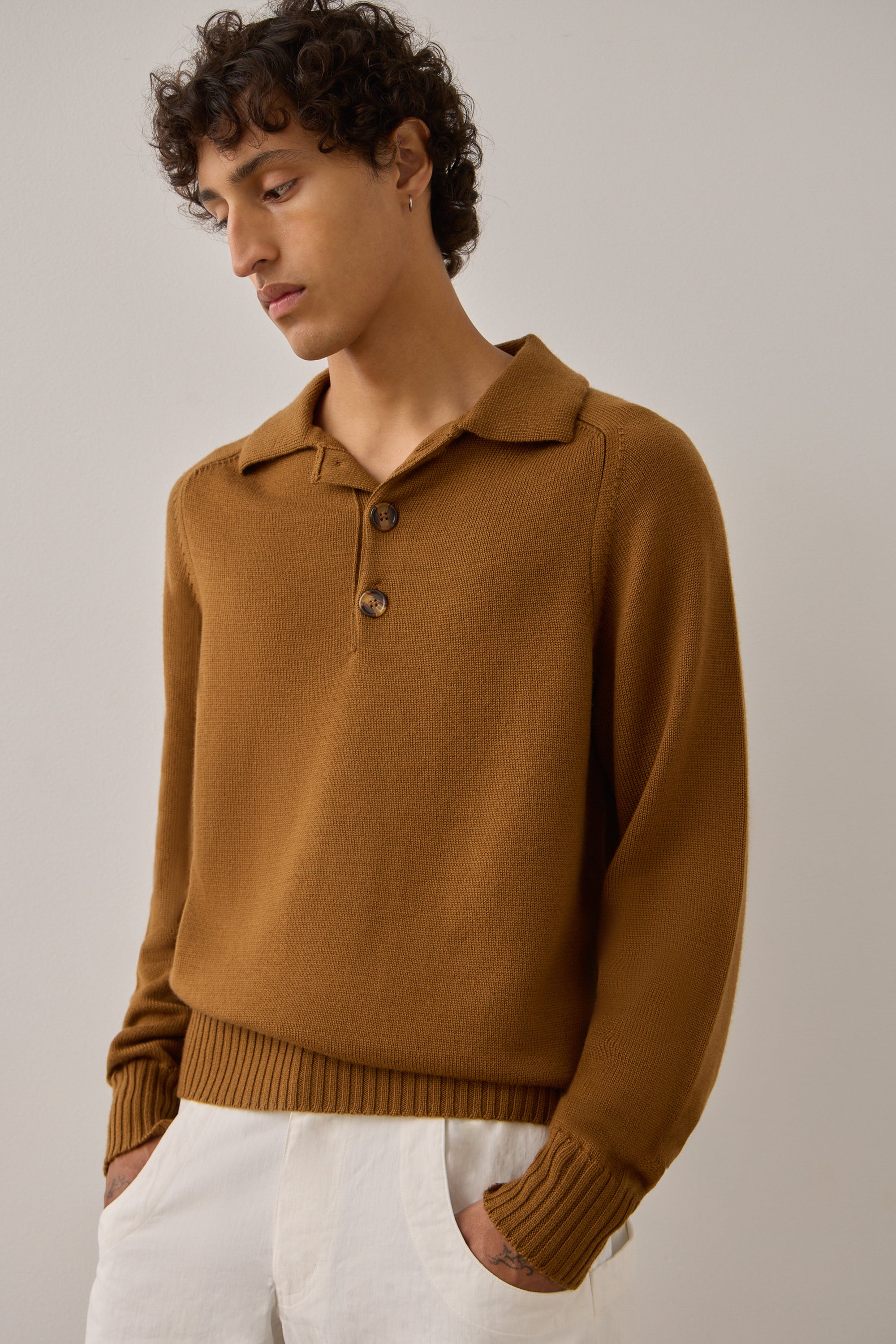 L/S Polo in Tobacco Merino Wool