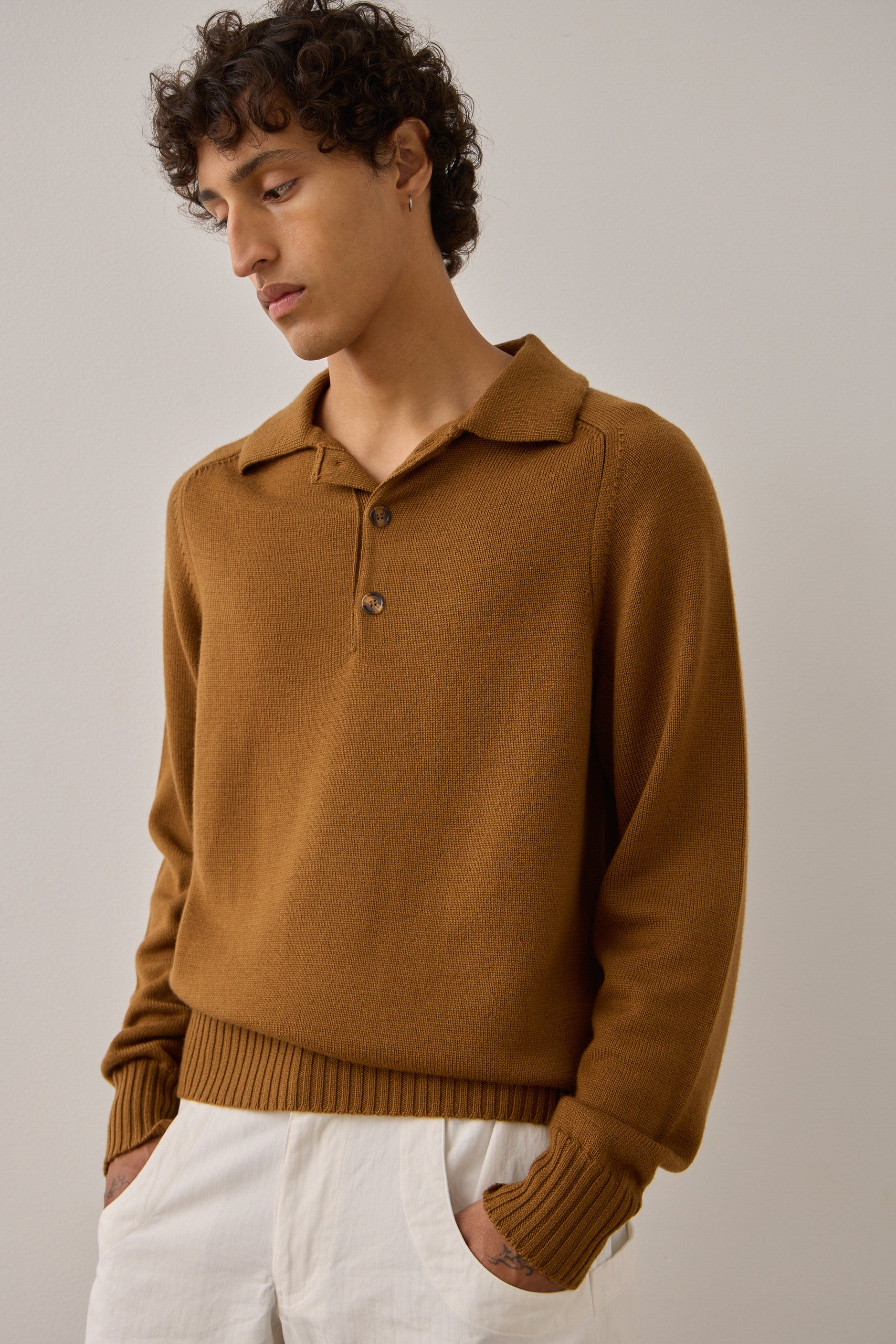 L/S Polo in Tobacco Merino Wool