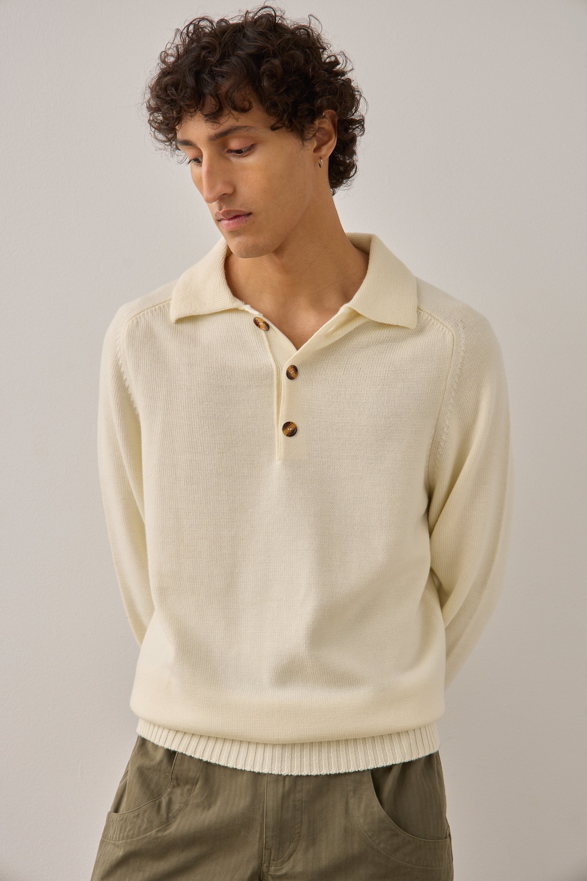 L/S Polo in Cream Merino Wool