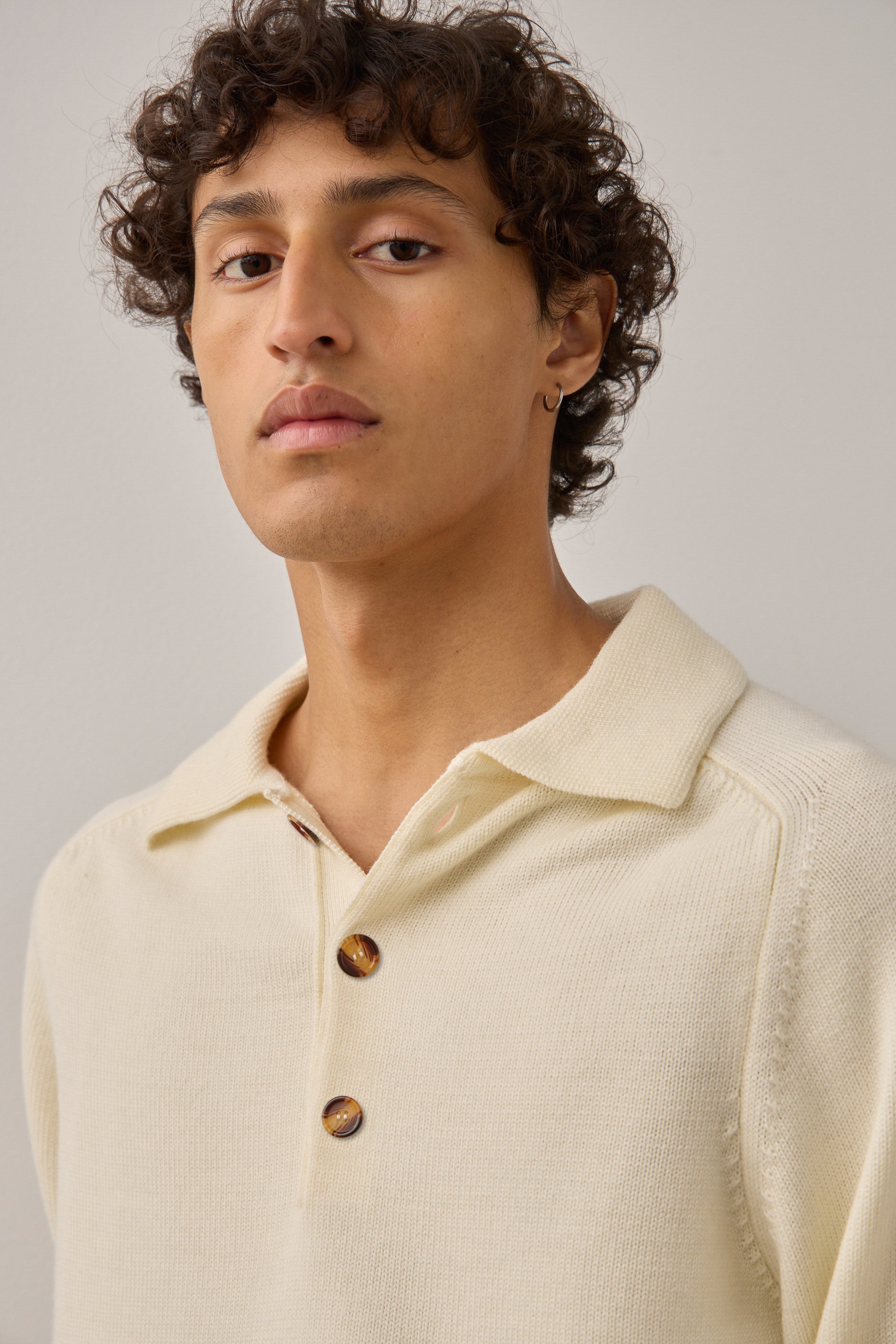 L/S Polo in Cream Merino Wool