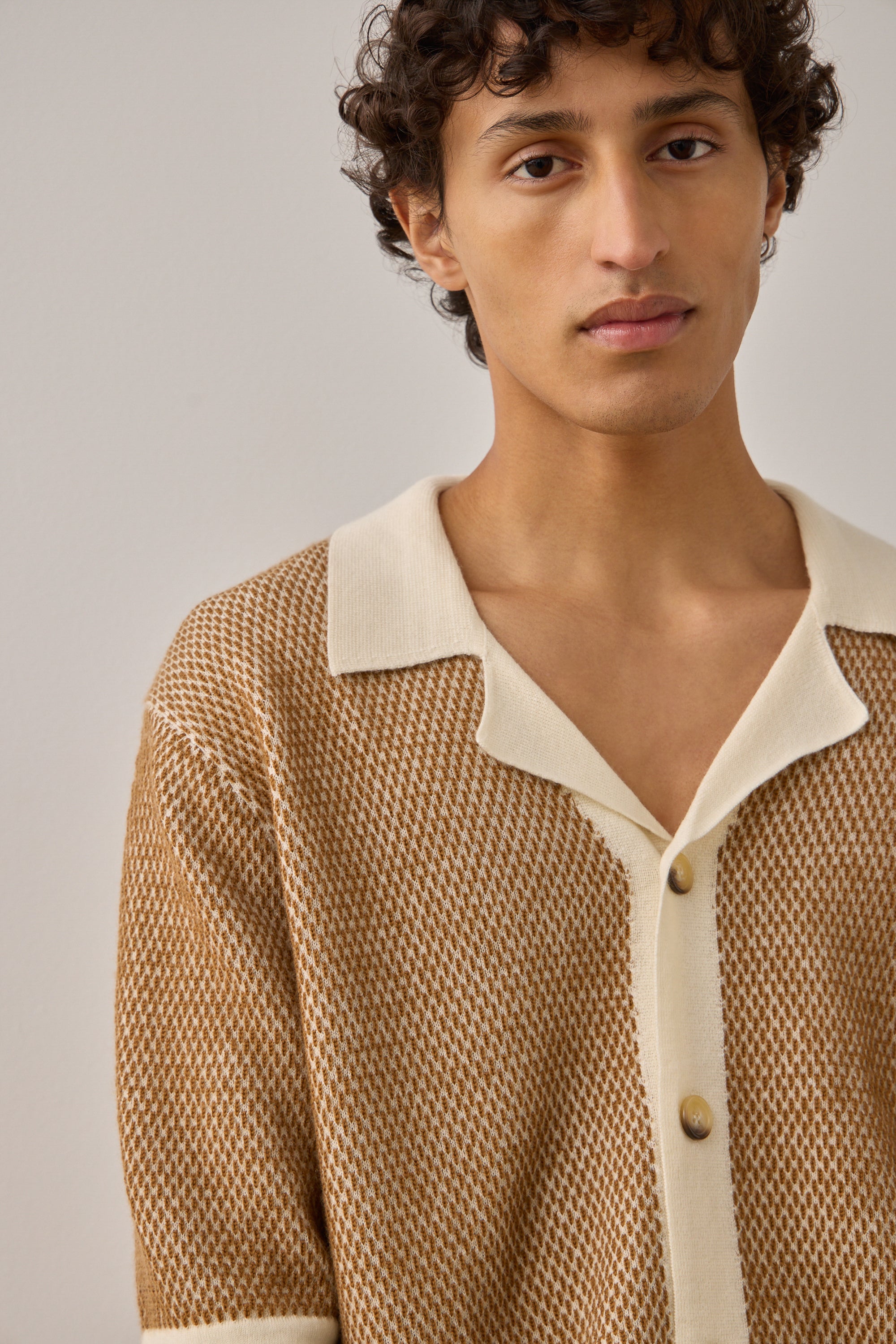 S/S Shirt in Tobacco & Cream Merino Wool