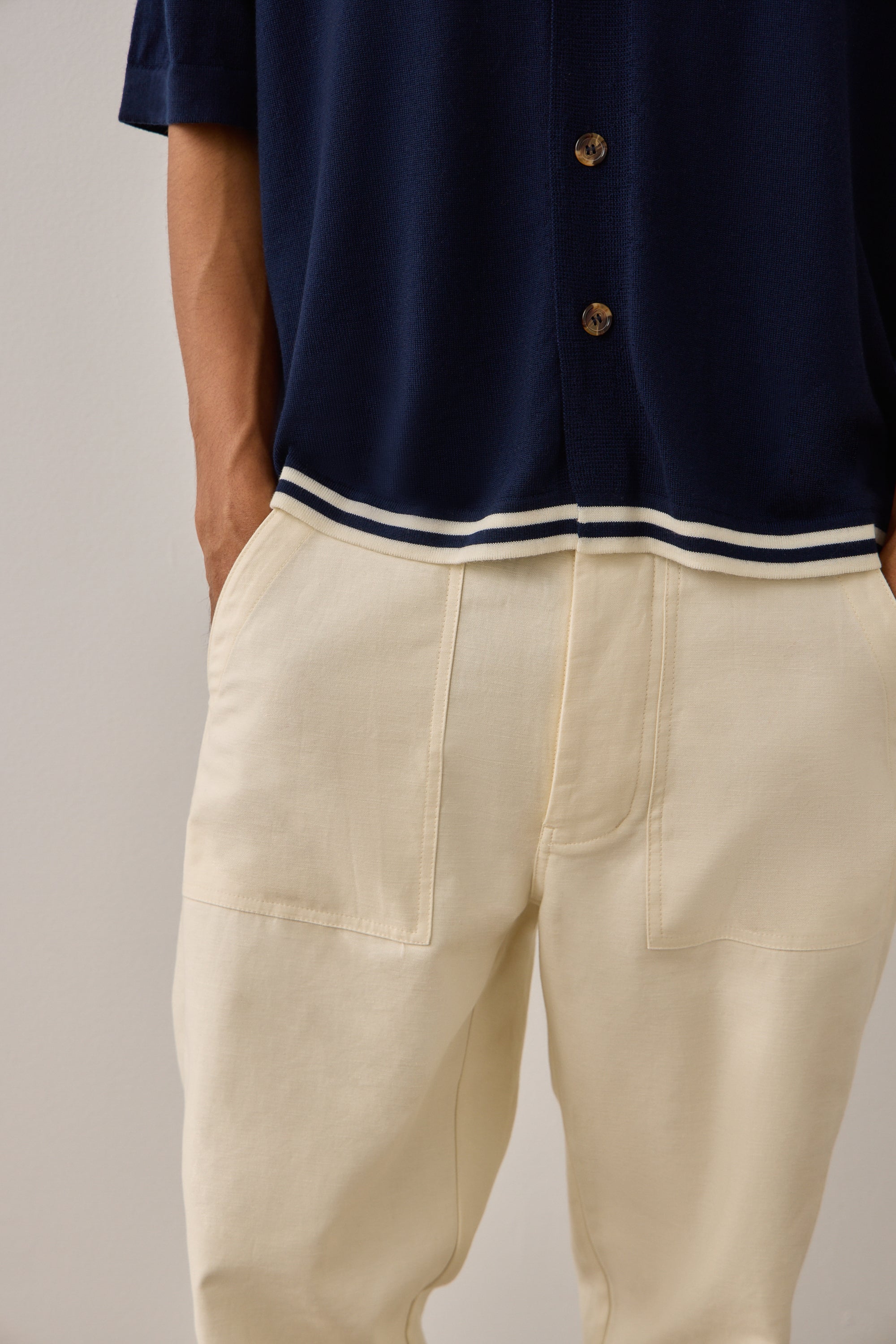 S/S Shirt in Navy & Cream Merino Wool