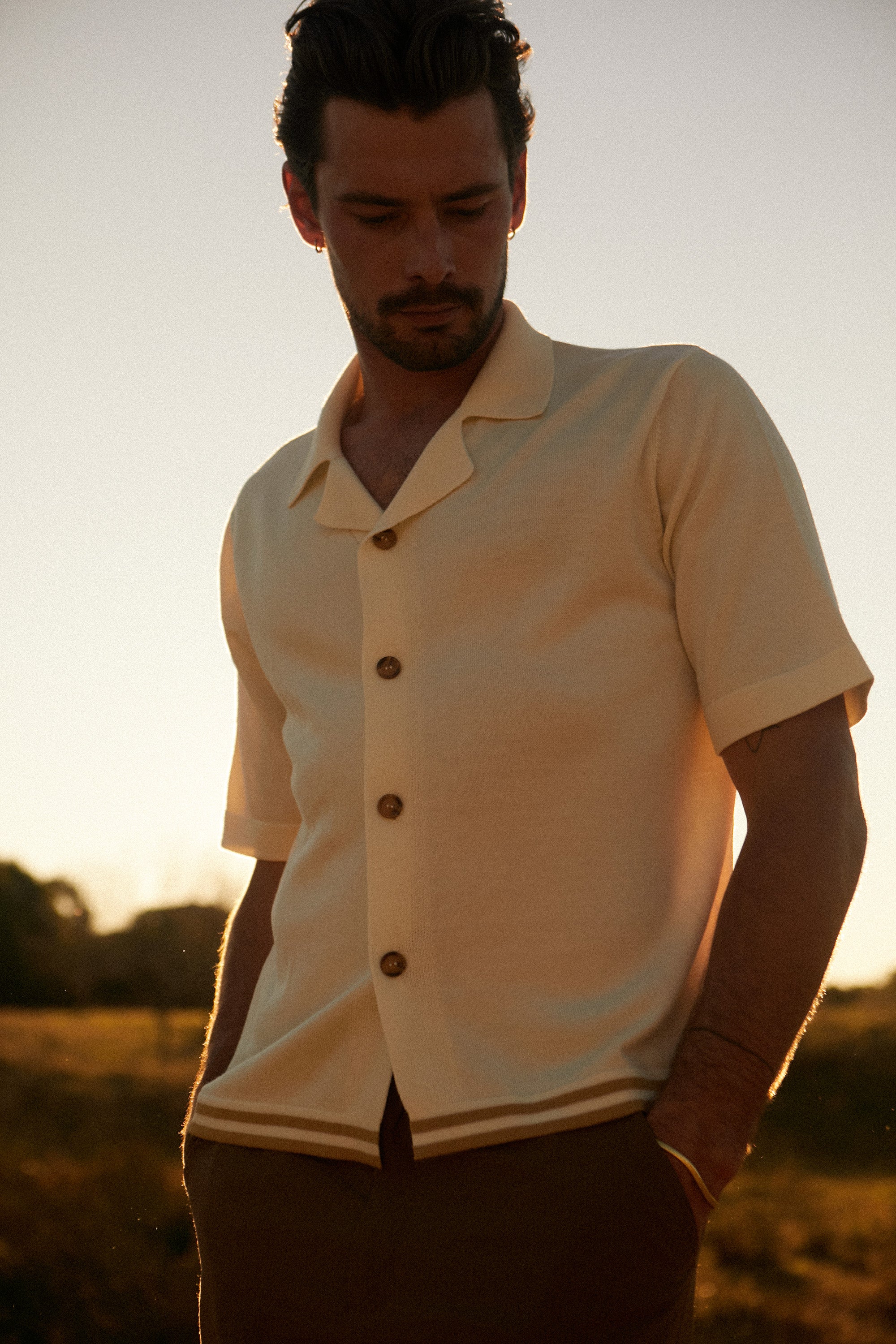 S/S Shirt in Cream & Tobacco Merino Wool