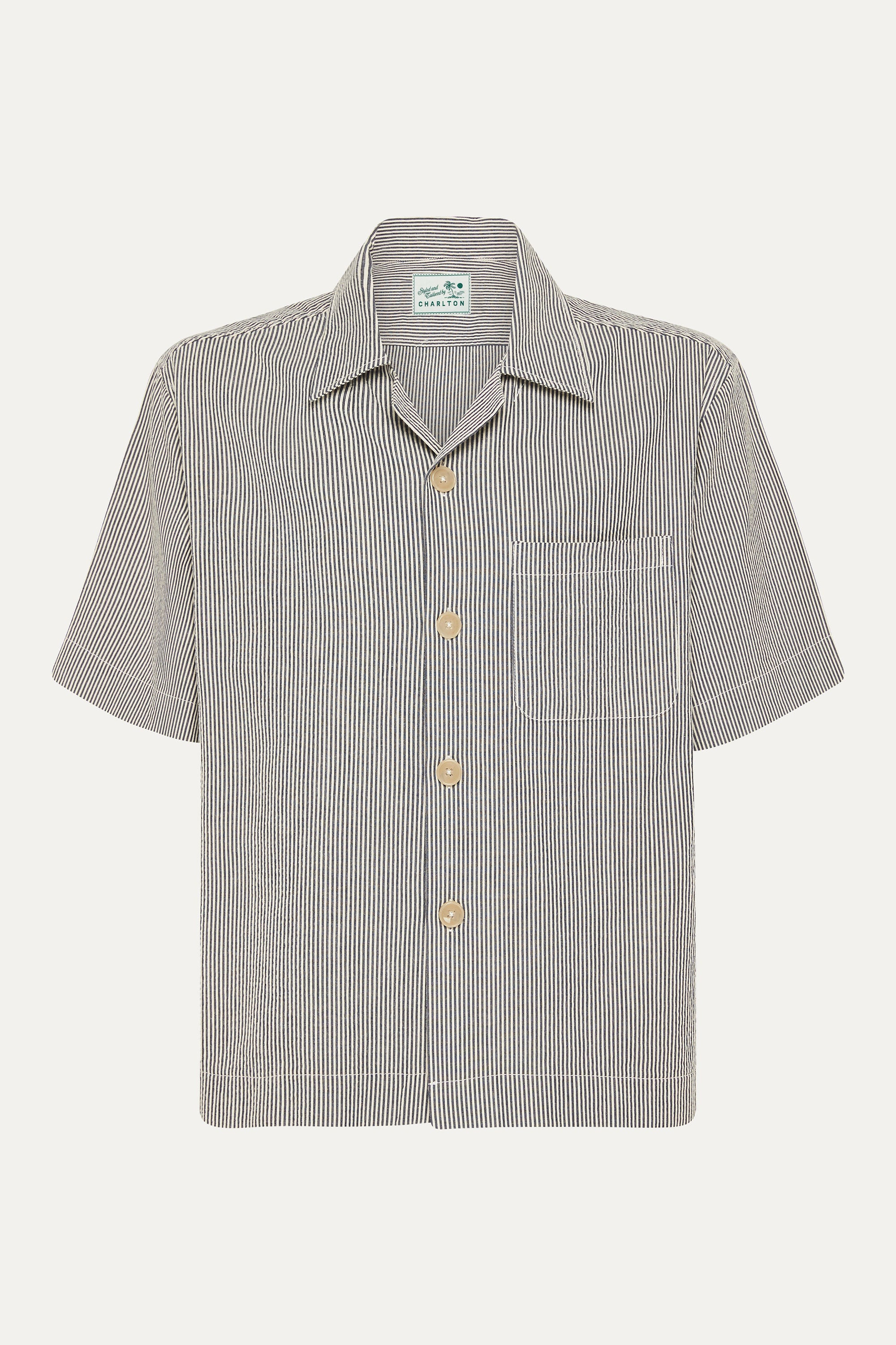 S/S 'Camp Collar' Shirt in Navy Seersucker Stripe
